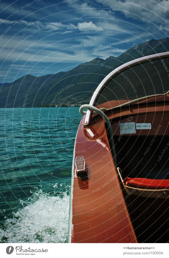 Max. Posti 4 Wasserfahrzeug See Klassik fahren Wellen Meer Teich Ferien & Urlaub & Reisen Kanton Tessin Süden Physik Sommer Strand Aktion rot Holz Wolken Buhne