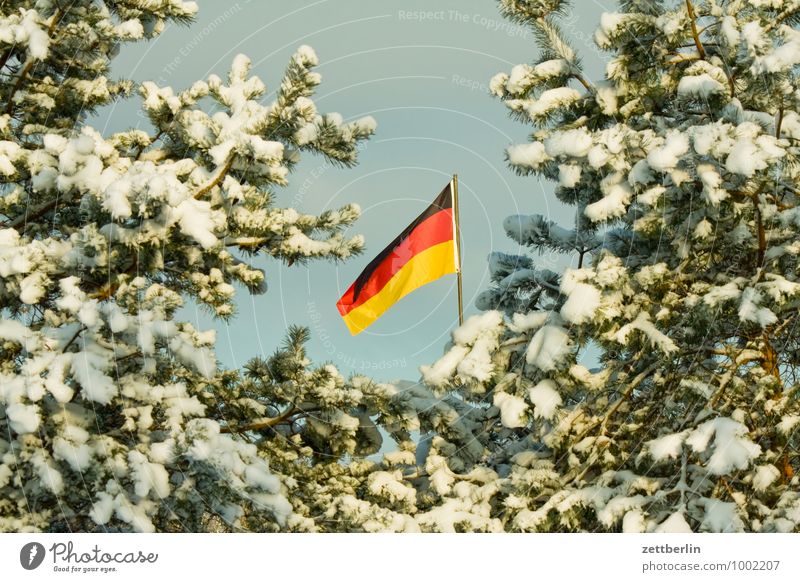 Winter Dezember Stimmung Weihnachtsmarkt Tanne Weihnachtsbaum Fichte Schnee Neuschnee Fahne Nationalitäten u. Ethnien Deutschland Patriotismus Lokalpatriotismus