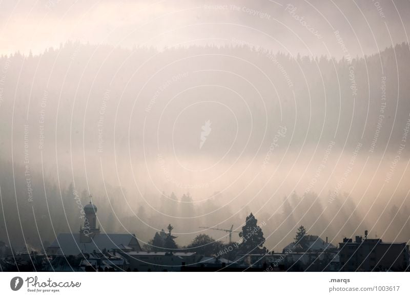 Neujahrsmorgen Umwelt Natur Landschaft Himmel Horizont Winter Klima Nebel Eis Frost Wald Hügel Freiburg im Breisgau Skyline Haus kalt Stimmung Farbfoto