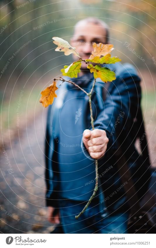 800 - danke für die blumen :) Mensch maskulin Mann Erwachsene 1 Natur Blume Blatt Eichenblatt Blumenstrauß Freundlichkeit Fröhlichkeit trashig verrückt braun