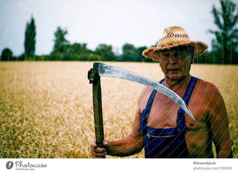 Sens(e)ibel Sensenmann Feld Landwirtschaft Großvater Mann braun Sonnenbad Leder Scharfrichter Abschlag Weizen Latzhose alt Strohhut Handwerk Senior Sommer Tod