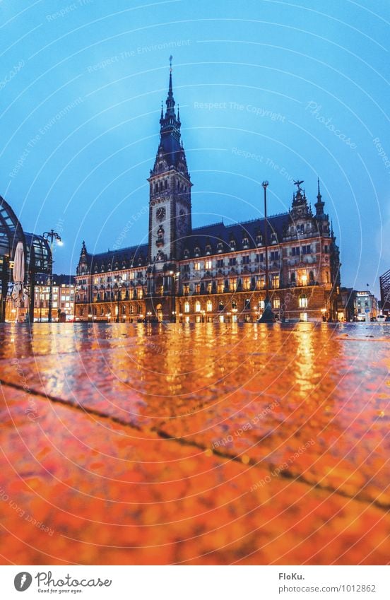 Hamburger Rathaus Wasser Wolken schlechtes Wetter Regen Stadt Hafenstadt Stadtzentrum Altstadt Menschenleer Platz Turm Bauwerk Gebäude Sehenswürdigkeit