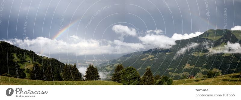 Regenbogen im Wallis (Panorama) Sommer Herbst Wolken Kanton Wallis Schweiz Panorama (Aussicht) Wald Wiese grün dunkel grau Licht Versöhnung Berge u. Gebirge