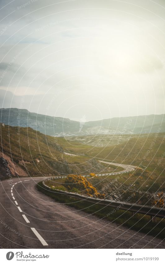 fernweh. Natur Landschaft Himmel Wolken Sonnenlicht Frühling Sommer Klima Schönes Wetter Wiese Hügel Felsen Straße Serpentinen Kurve fahren fantastisch