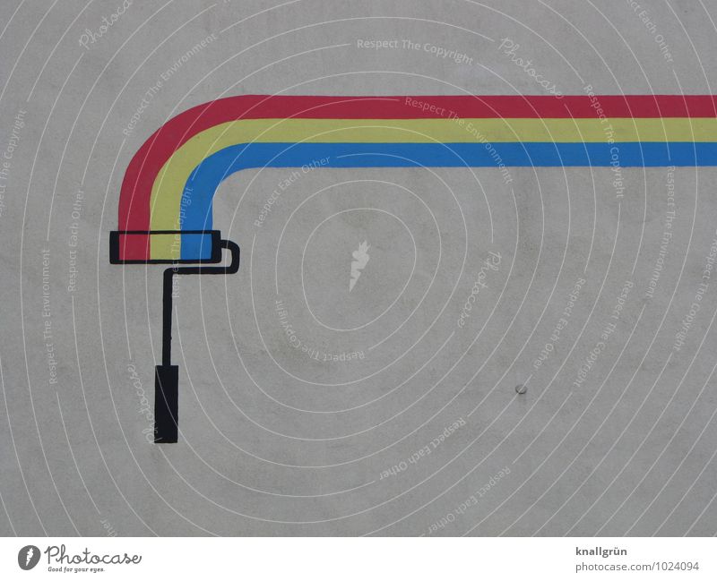 Gerade noch die Kurve gekriegt Mauer Wand Fassade Farbroller Malerrolle Graffiti streichen blau gelb rot weiß Gefühle Freude Fröhlichkeit Farbe Genauigkeit Idee