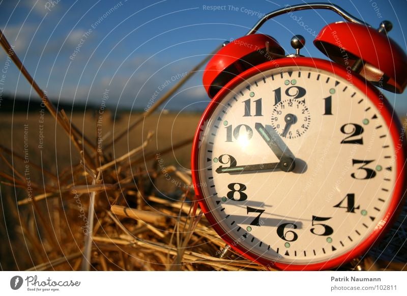 Erntezeit I Wecker Zeit Uhr rot Feld Stroh Strohballen Vergänglichkeit Tiefenschärfe Unschärfe harmonisch Ziffern & Zahlen Himmel