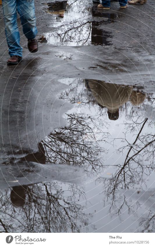 Tristesse liégeoise Mensch maskulin Beine Fuß 2 Wasser schlechtes Wetter Regen Stadt bevölkert Fußgänger Straße Asphalt Jeanshose Schuhe hängen trist blau grau