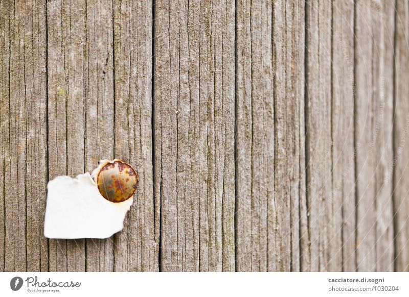 Wenig hilfreich Umwelt Mauer Wand Fassade Zettel Reisszwecke Holz Linie alt einfach kaputt lustig braun grau weiß Hilfsbereitschaft Neugier Enttäuschung Idee