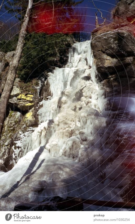 Wasserfall [Stil Japan] Umwelt Natur Landschaft Himmel Sonnenlicht Winter Schönes Wetter Eis Frost Schnee Pflanze Baum Berge u. Gebirge kalt Coolness Kraft