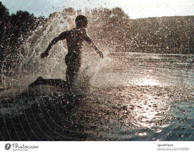 Wasser fliegen lassen See frisch Erfrischung Freude Sommer Freiheit Sonne Abend spritzen