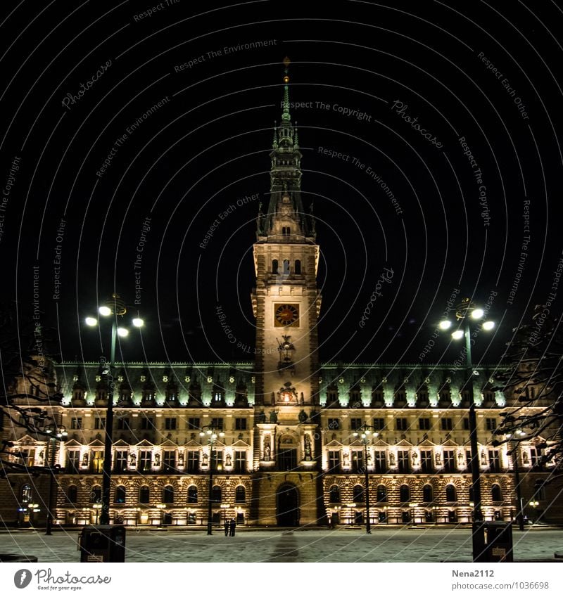 Hamburger Rathaus Stadt Hafenstadt Stadtzentrum Bauwerk Gebäude Architektur Sehenswürdigkeit Wahrzeichen dunkel kalt Rathausturm Platz Beleuchtung Lampe