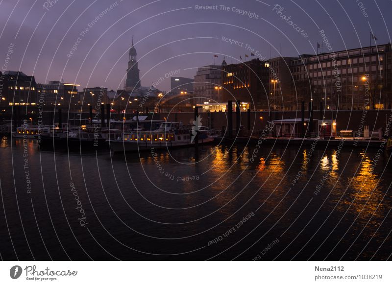 Nightfeeling Stadt Hafenstadt Haus Kirche Architektur dunkel Hamburg Elbe Wasserfahrzeug Himmel Farbfoto Außenaufnahme Menschenleer Textfreiraum links