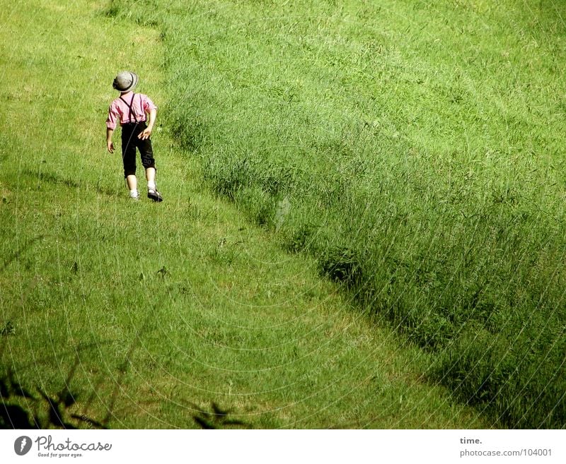 Dancing With Myself - III Farbfoto Außenaufnahme Tag Glück Spielen wandern Tanzen Kind Junge Rücken Gras Wiese Hut grün Langeweile Krachlederne diagonal Weide