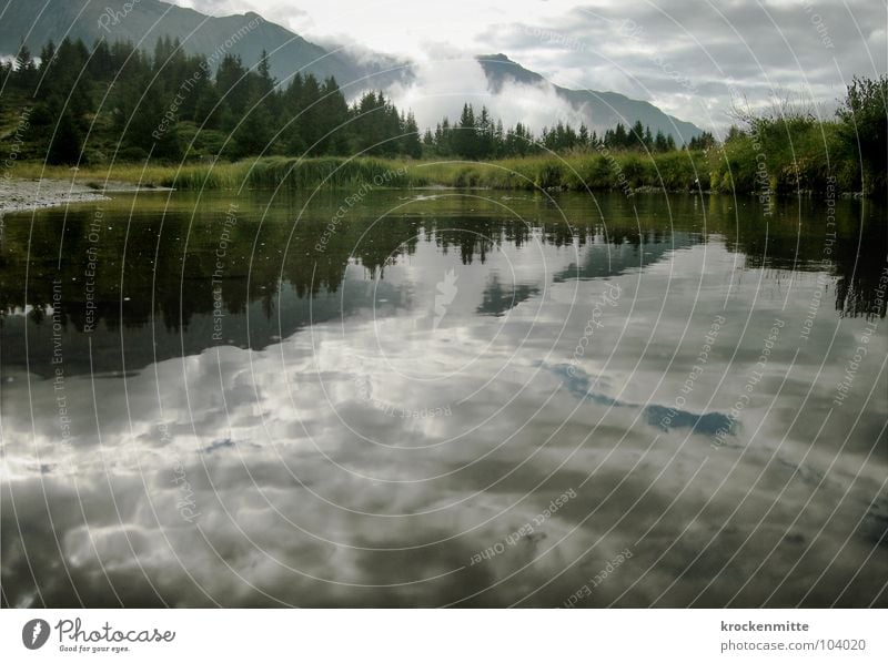 Kraftort See Wolken Reflexion & Spiegelung Alp Flix Kanton Graubünden Schweiz Wald Tanne Nebel Gebirgssee Tourismus ruhig Unwetter Wetter Wasser Küste