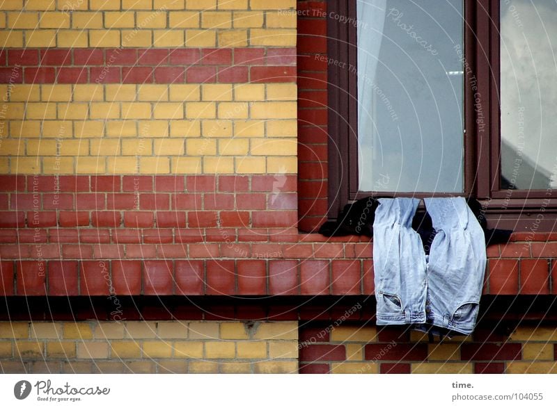 Mal wieder gut abhängen - II Muster Reflexion & Spiegelung Erholung Dienstleistungsgewerbe Himmel Fenster Hose Jeanshose Glas Backstein gelb rot Wand trocknen