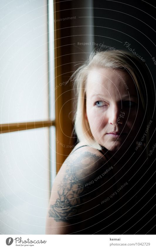 Schatten und Licht Lifestyle Stil schön Tattoo Raum Mensch feminin Junge Frau Jugendliche Erwachsene Leben Kopf Gesicht Oberarm 1 18-30 Jahre Fenster blond