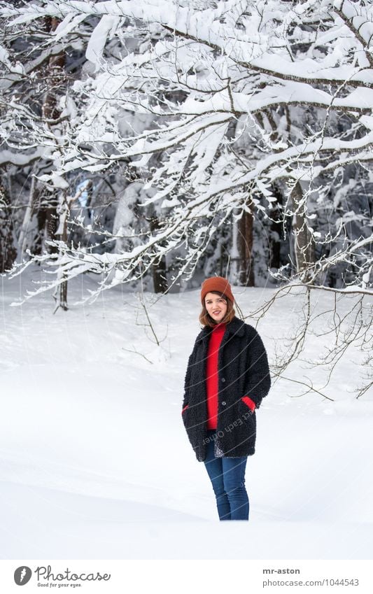 Gut gelaunt in Schnee Winter Mensch feminin Junge Frau Jugendliche Erwachsene 18-30 Jahre Natur Baum Wald Mütze brünett langhaarig stehen warten dünn