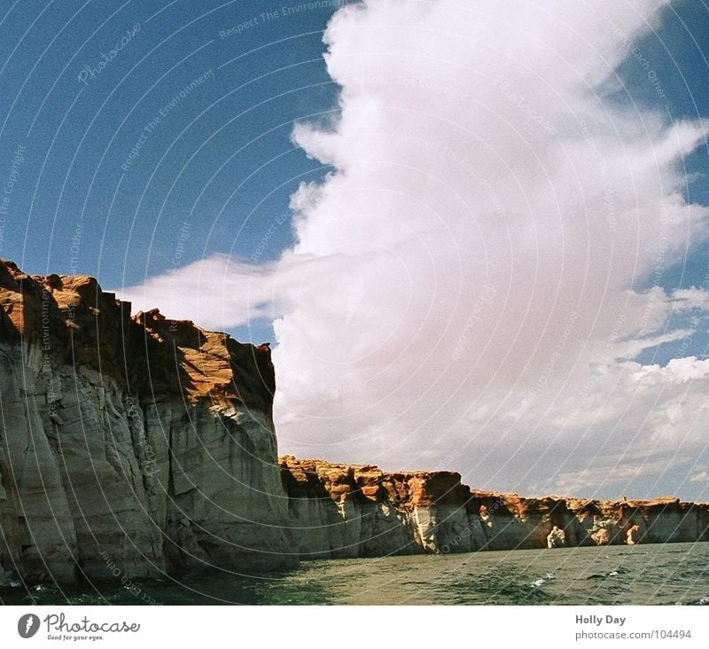 Wolkenturm Lake Powell weiß Watte Utah See Sommer Schlucht Himmel Rainbow Bridge blau Turm Felsen Küste roter Fels USA Wasser Sonst fällt mir nix ein