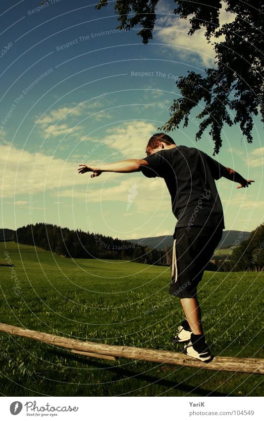 balanceakt Gleichgewicht Zufriedenheit gehen Baumstamm Holz Wiese grün Mann Hügel Spielen Klettern wegsperre Weide Himmel Arme Junge Baustelle blau