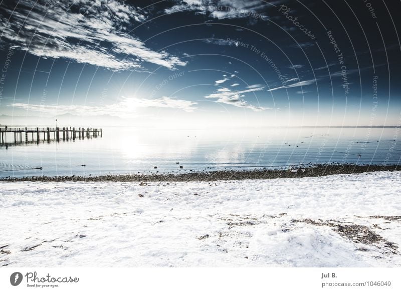 Schnee See Umwelt Natur Landschaft Luft Wasser Sonne Winter Klima atmen genießen gut Chiemsee Traunstein Steg Farbfoto Außenaufnahme Menschenleer Tag