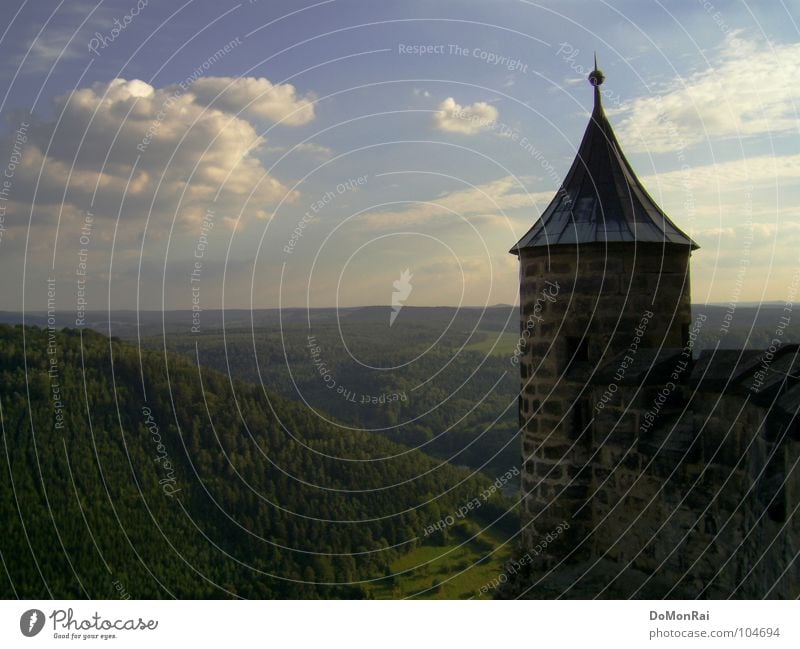 Königstein Farbfoto Außenaufnahme Menschenleer Textfreiraum links Textfreiraum unten Tag Vogelperspektive Landschaft Himmel Wolken Horizont Wald Hügel