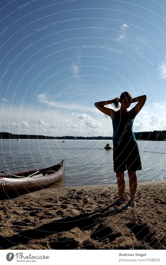 Am See Schatten Silhouette schön Schwimmen & Baden Ferien & Urlaub & Reisen Sommer Strand Frau Erwachsene Jugendliche Sand Wasser Himmel Horizont Schönes Wetter