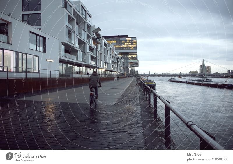 nah am Wasser gebaut Lifestyle Haus Traumhaus Umwelt Himmel Fluss Stadt Skyline Hochhaus Gebäude Architektur Fassade Fenster Fahrradfahren Wege & Pfade