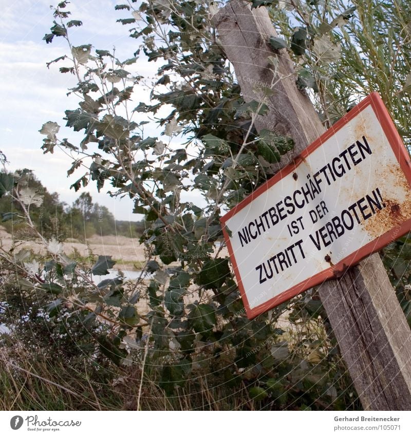 Umkehrschluss Holz Blech Teich See Verbote Arbeitslosigkeit Zutritt Sträucher Ablehnung umkehren Eingang ausgeschlossen trist vergangen Vergänglichkeit