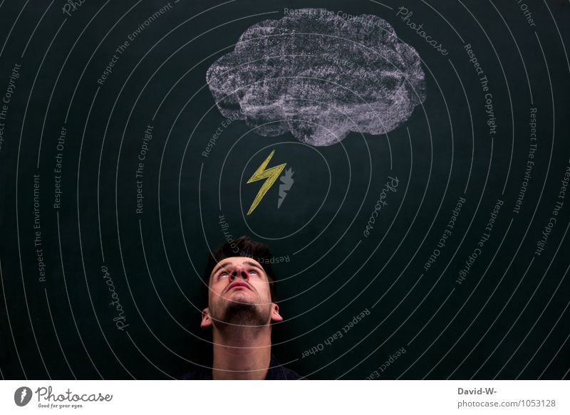 warum trifft es immer mich Mensch maskulin Mann Erwachsene Kopf Unwetter Gewitter Blitze Sicherheit Angst gefährlich Enttäuschung Zerstörung Missgeschick