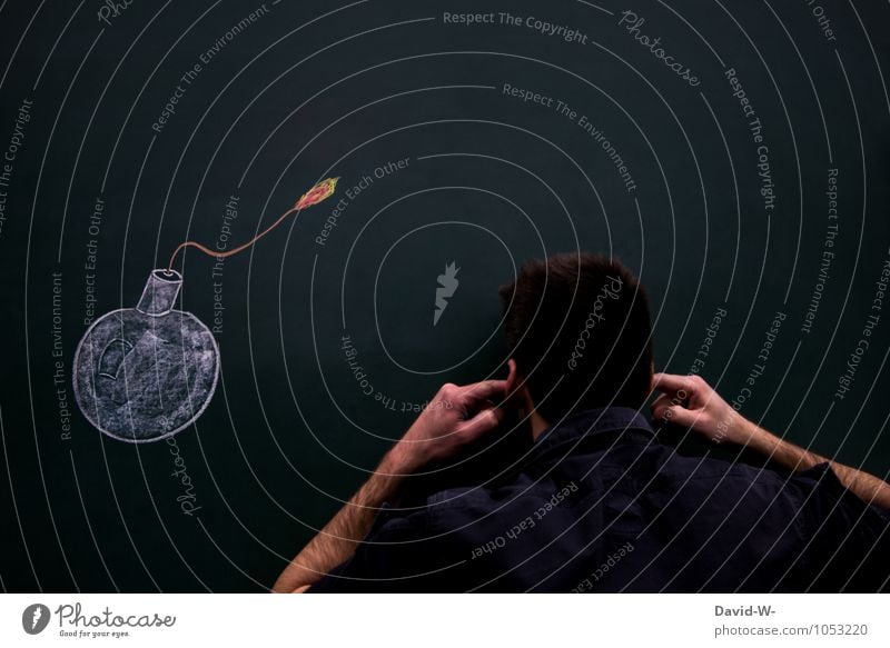explosiv Tafel maskulin Ohr Angst gefährlich Gewalt Verbote laut Ohrschützer zuhalten sprengen Explosion explodieren Zündschnur Bombe bombensicher Bombenangriff