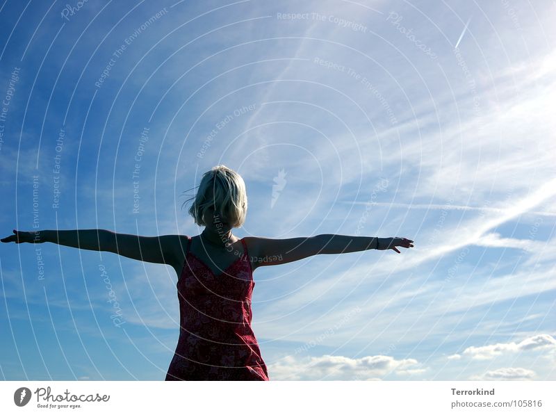 On.the.way. schwarz Vogel fremd Kleid Gleichgewicht Zufriedenheit Dach Suizidalität gefährlich Todesangst rot blond weiß Wolken Sommertag kindisch kindlich