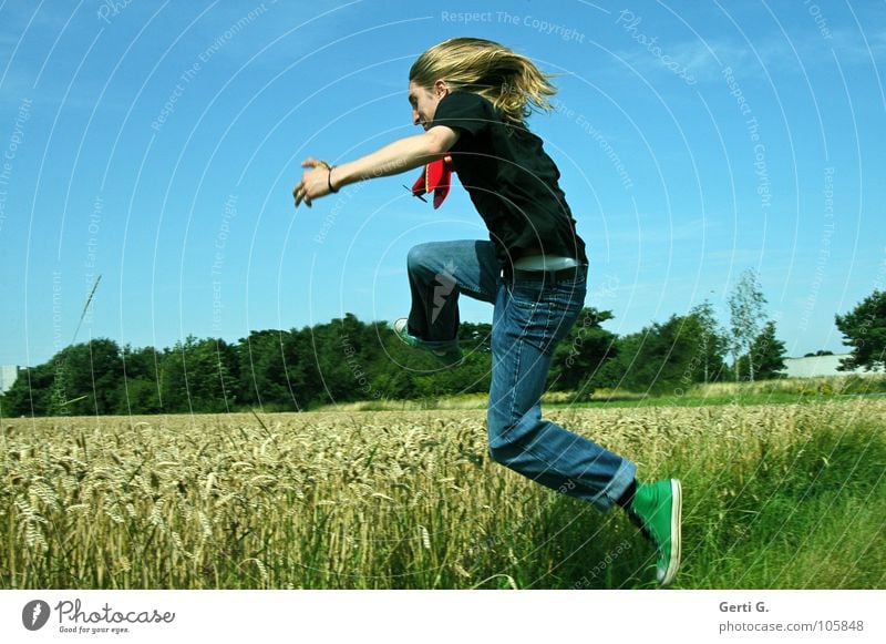 springtime Mann langhaarig blond jeansblau Chucks grün T-Shirt schwarz Feld Weizen Weizenfeld springen Kornfeld Am Rand Gras Halm Ähren reif Modellflugzeug Baum