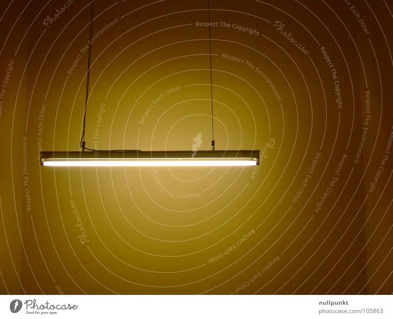 Neon Neonlicht Licht Lampe weiß braun Ocker Wand hell hängen Hängelampe eng eingeengt Dinge Lichterscheinung Beleuchtung Erhellung am seidenen Faden Seil