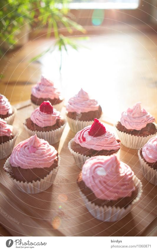 Himbeermuffins zum Kaffee Teigwaren Backwaren Süßwaren Muffin Sahne Himbeeren Ernährung Kaffeetrinken Tablett Schneidebrett Häusliches Leben Schönes Wetter