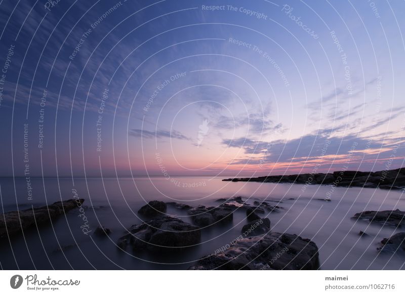 Schaum und Stein Strand Meer Wolken Horizont Felsen Küste Atlantik positiv blau violett rosa Stimmung ufer Sonnenuntergang himmel ambleteuse Frankreich Farbfoto