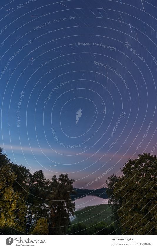 Startrail Landschaft Nachthimmel Stern Baum Seeufer beobachten Firmament Kreis Mecklenburg-Vorpommern neumond star-trail sterne star trail Sternenhimmel