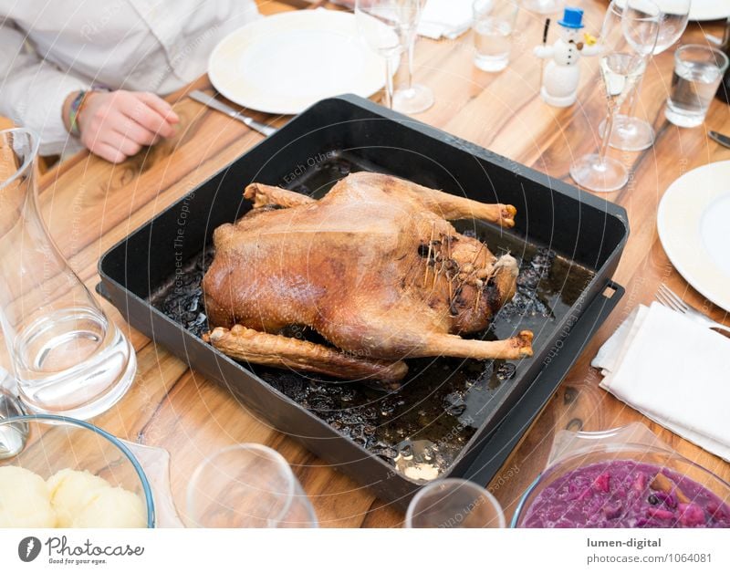 Gänsebraten Fleisch Festessen Teller Glas Besteck Tisch Weihnachten & Advent Essen Tradition Gans Gedeck Mahlzeit servieren weihnachtsessen Farbfoto