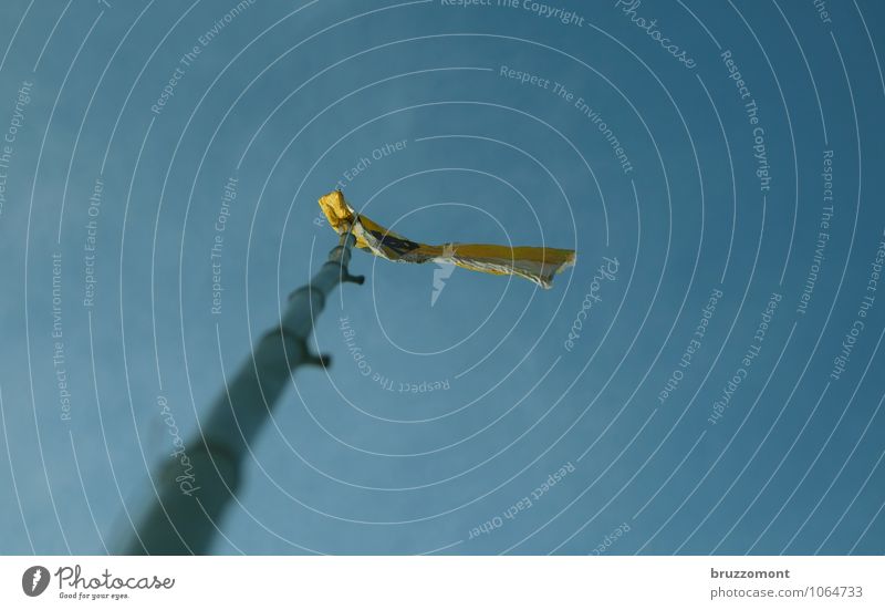 Im Zeichen der Brötchentüte Wolkenloser Himmel Wind Papier Fahne Flagge hängen lustig blau gelb Lebensfreude Stolz Freude wehen flattern Ironie Spielen