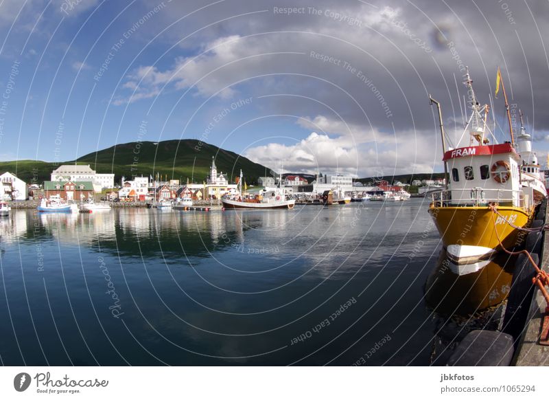 knallgelbes Fischerboot Umwelt Natur Landschaft Wasser Wolken Schönes Wetter Gras Hügel Bucht Fjord Meer Atlantik Verkehrsmittel Schifffahrt Bootsfahrt Hafen