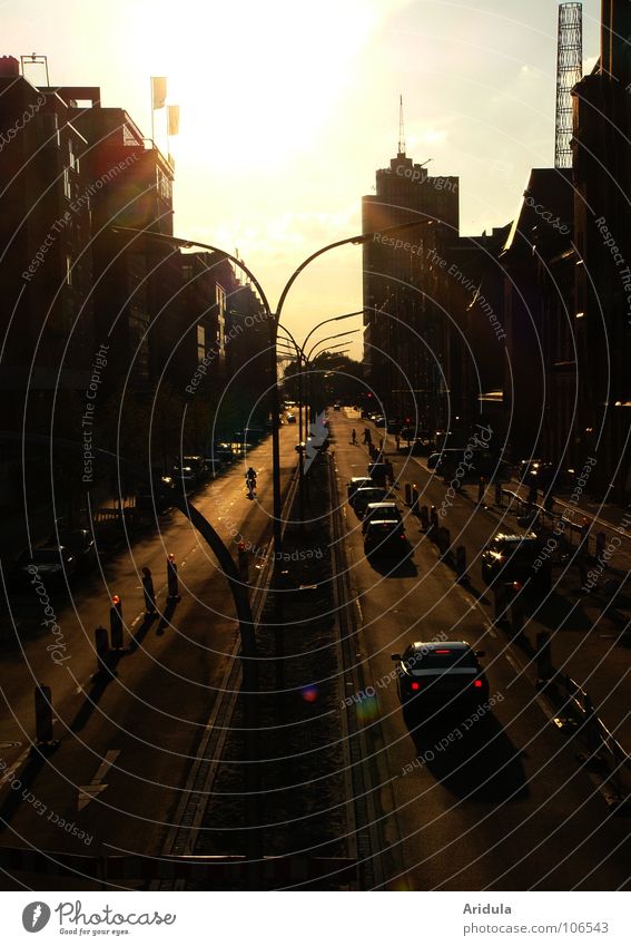 in die Sonne Sonnenuntergang Gegenlicht Stadt Romantik Laterne Licht Stimmung Verkehrswege Hamburg Abend Straße PKW Schatten