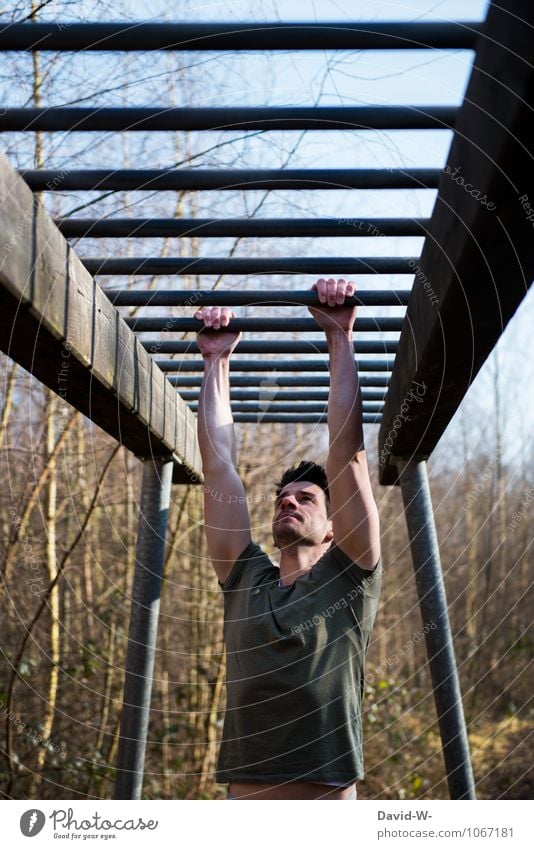 glaub an dich maskulin Junger Mann Jugendliche Erwachsene atmen beobachten Stress Kraft Leistung Sport Stolz Ausdauer ehrgeizig Motivation Klimmzug Athlet