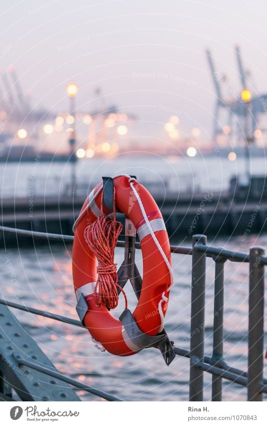 Rettung Hamburg Hamburger Hafen Schifffahrt orange Rettungsring Ponton Anlegestelle Kran Farbfoto Menschenleer Textfreiraum oben Dämmerung Lichterscheinung