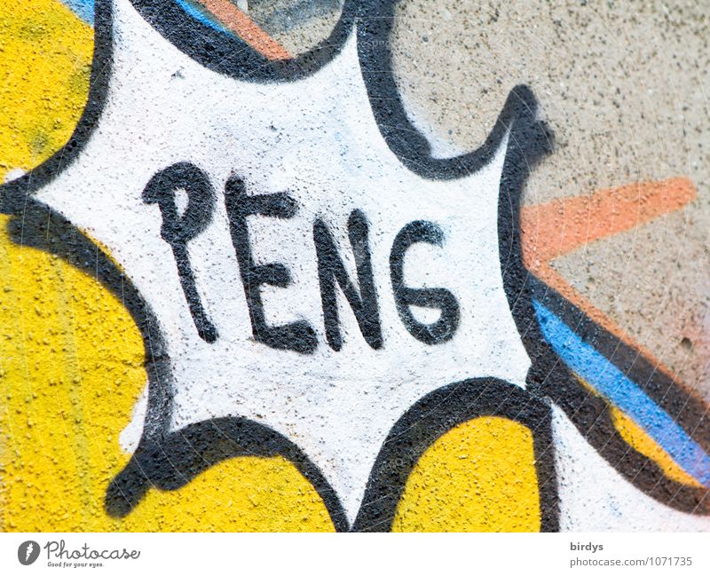 Peng Schriftzeichen Graffiti Schuss Geräusch laut Comic mehrfarbig gefährlich Stress Krieg Konflikt & Streit abrupt Grafik u. Illustration Sprechblase Farbfoto