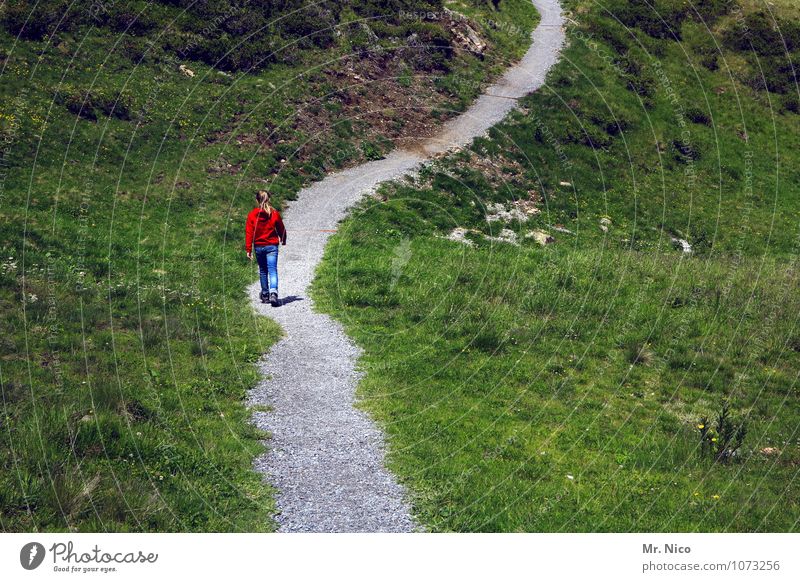 auf halber strecke Ferien & Urlaub & Reisen Tourismus Ausflug Ferne wandern feminin Umwelt Natur Landschaft Gras Sträucher Hügel Berge u. Gebirge Wege & Pfade