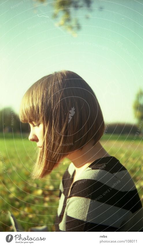 heute wie damals Sommer Herbst Physik Streifen Haarschnitt Frau Park Wiese grün Blatt Farbe Schwäche Sonne Wärme 60's 70's Haare & Frisuren blau Himmel