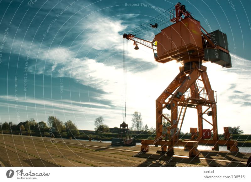 the crane 2 Kran Wolken Anlegestelle verladen Schaufel Baum grün Menschenleer ruhig Stahl beweglich Froschperspektive Macht Gegenlicht Hafen verfallen