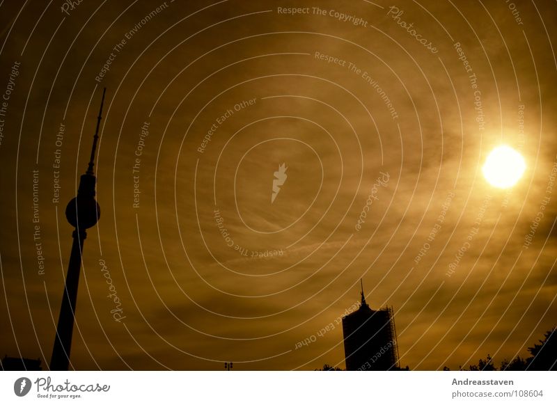 Berlin Sommer gelb Gebäude Baum Wahrzeichen Denkmal Himmel Berliner Fernsehturm Sonne Sonnenuntergang