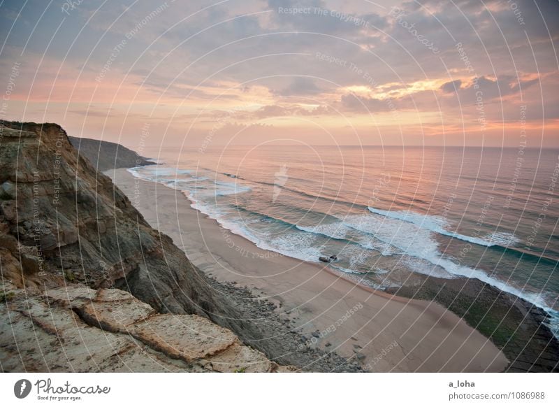 fernweh Umwelt Natur Landschaft Urelemente Sand Luft Wasser Himmel Wolken Horizont Sonne Sonnenaufgang Sonnenuntergang Sonnenlicht Sommer Schönes Wetter Felsen