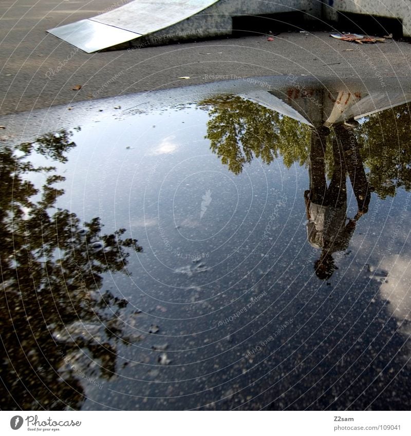 pfützenskater Sportpark Rampe Pfütze Reflexion & Spiegelung Baum stehen Jugendliche Gemälde Am Rand rechts Autobahnauffahrt Blatt Herbst Einsamkeit verloren