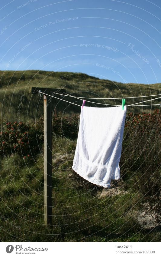 Zurück zu Hause... Wäscheleine Handtuch Frottée weiß Holz Schnur Klammer Wäscheklammern Gras grün trocknen Bad Pfosten Seil Himmel blau Stranddüne wehen Wind